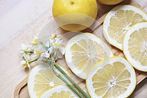 Collection of fresh grapefruit slices on background. Rotation citrus fruit. Top view.