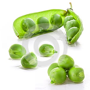 Collection Fresh green pea pod and peas