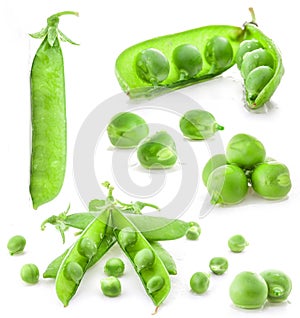 Collection Fresh green pea pod and peas