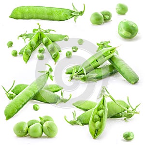 Collection Fresh green pea pod and peas