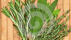 Collection of fresh herbs for cooking isolated on wood background. Bunch of herbs