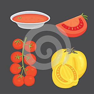 Collection of fresh red tomatoes and soup vector illustrations. Half, slice, cherry tomato.