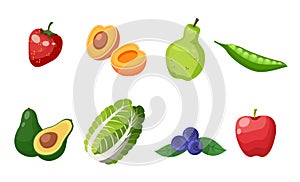 Collection of fresh strawberry, apricot, pear, peas, avocado, chinese cabbage, blueberries, apple