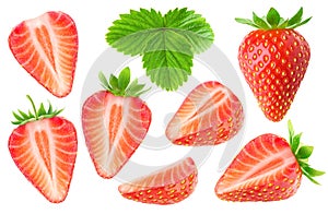 Collection of fresh strawberry fruits whole and cut into pieces with stem and leaf, isolated on white background