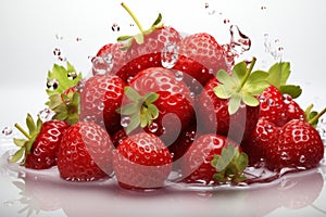 Collection of fresh Strawberry with splashing clear water on white background. Selective focus. Fresh Strawberries with water