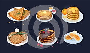 Collection of fried pancakes, blini, crepes, syrniki, oladyi lying on plates with various toppings isolated on dark