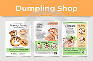 Collection frozen dumpling online shop poster vector engraved illustration