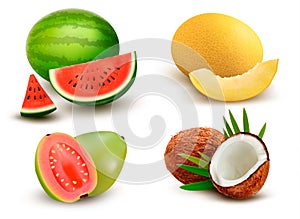 Collection of fruit and berries. Watermelon, honeydew, guava photo