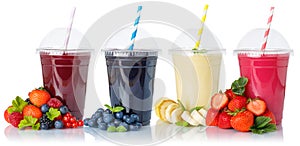 Collection of fruit smoothies fruits juice drink straw in a cup isolated on white