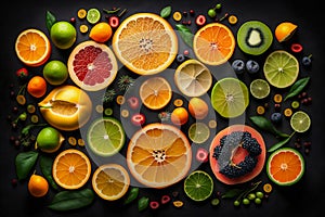 Collection of fruits on a dark, black background. Top view of fresh and juicy crops. Seasonal background. Advertising banner.