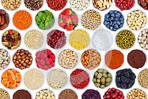 Collection of fruits and vegetables berries background from above isolated on white