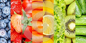 Collection of fruits and vegetables fruit collage background with berries and corrots photo
