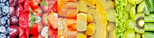 Collection of fruits and vegetables fruit collage background with berries and grapes