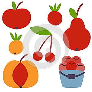 Collection with fruits and vegetables isolated. Apple, pear, cherry and pumpkin. Red, yellow and green. Agriculture and gardening