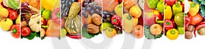 Collection fruits and vegetables isolated on white background. Panoramic collage. Wide photo with free space for text