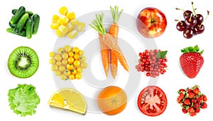 Collection of fruits and vegetables on white background. Top view