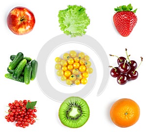 Collection of fruits and vegetables on white background. Top view