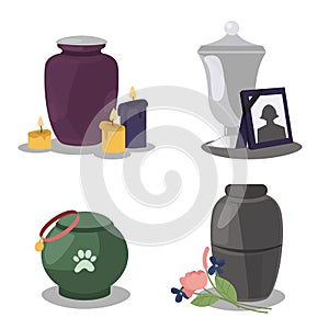 Collection funeral service icons with urns of cremation ceremony. Funeral columbarium urn with candles, flowers, urn for pets