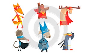 Collection of Funny Animals Characters Dressed as Superheroes with Capes And Masks, Courageous Cute Animals in Different