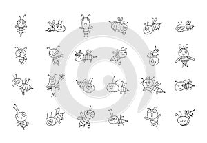 Collection of funny Bee characters isolated on white. Icons set for your design.