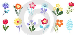 Collection of funny cartoon flower icons isolated on white background. Cute flat vector illustrations in bright colors.