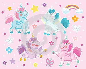 Collection of funny cartoon unicorn on a pink background vector