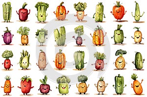 Collection of funny cartoon vegetable characters with eyes. Isolated icons. Generative AI