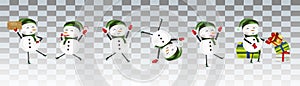 Collection of funny Cheerful snowmans. Cute Christmas snowmans isolated on transparent background. Christmas characters