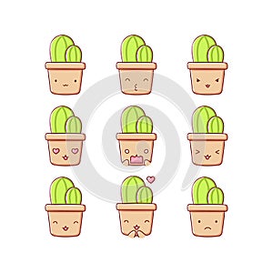 Collection of funny cute cactus emoticon characters in different emotions. Illustration