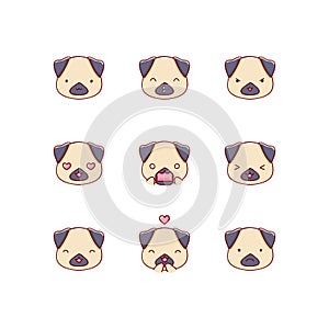 Collection of funny cute pug, dog emoticon characters in different emotions. Illustration