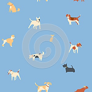 Collection of funny dogs seamless pattern. Cute puppies and dogs fabric design in vector.