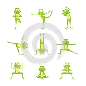 Collection funny frog  practicing yoga position.