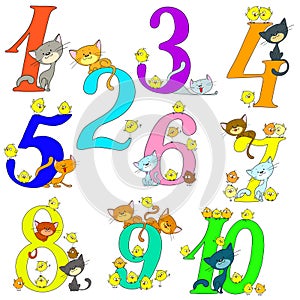 Collection of funny numbers. Cats and chickens. Cheerful greetings. Anniversary. Cartoon cute characters.