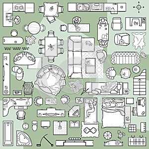 Collection of furniture and equipment top view for house plan. Interior icons set view from above. Vector