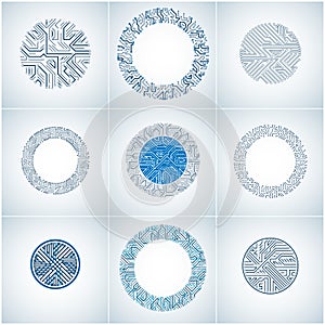 Collection of futuristic blue cybernetic schemes with multidirectional arrows, vector motherboards. Circular elements with