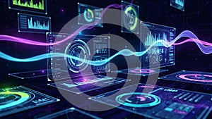 Futuristic data analysis interfaces with glowing charts and waveforms technology screens