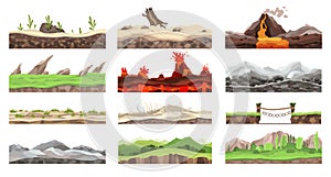 Collection game landscapes. Cartoon design nature. Landscape of soil sections. Illustration of cross section ground