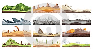 Collection game landscapes. Cartoon design nature. Landscape of soil sections. Illustration of cross section ground
