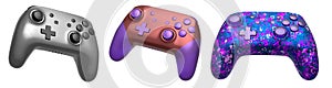 Collection of gaming controllers isolated on white background with clipping path