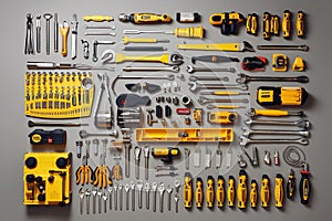 Collection of garage tools organized on a white background symmetric