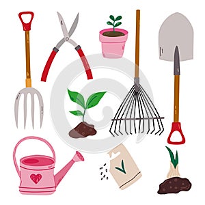 Collection of garden tools and plants. Gardening or horticulture concept. Perfect for scrapbooking, greeting card, party