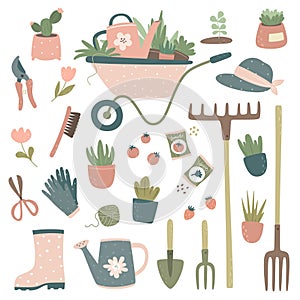 Collection of gardening tools and items: cart, watering can, pitchfork, rake, potted flowers, gardening gloves, pruner, scissors,