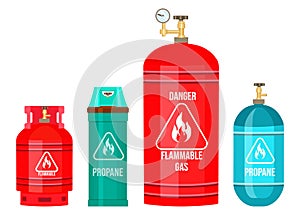 Collection of gas cylinders, balloons under pressure, propane, gas tank, warning sign flammable gas