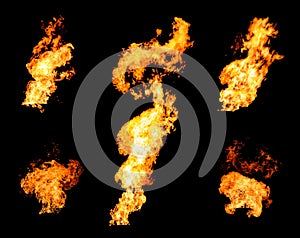 Collection of gas flare spurts of fire raging flame