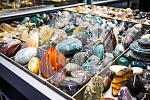a collection of geological specimens on a lab table