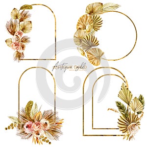 Collection of geometric gold frames decorated with watercolor dried roses, pampas grass and dried fan palm leaves