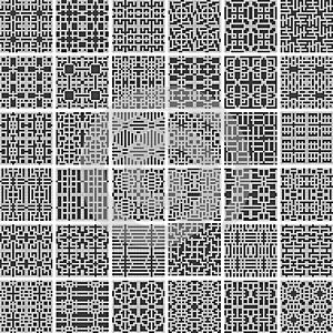 A collection of 36 geometric greyscale monochromatic seamless patterns made of rounded square shapes, vector illustration