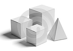 Collection of geometric solid shapes including cubes and a pyramid on a white background