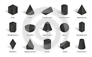 Collection of geometrical shapes. Volumetric basic geometric shapes. Black and white isometric 3d illustration isolated on white