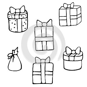 Collection of gift boxes with bows. Vector illustration. Simple doodle drawings on a holiday theme